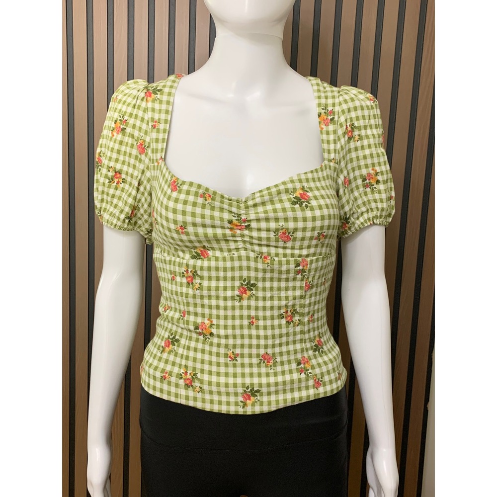 Reformation Green Gingham Floral Smocked Puff Sleeve Top Size 6 Sweetheart Neck
